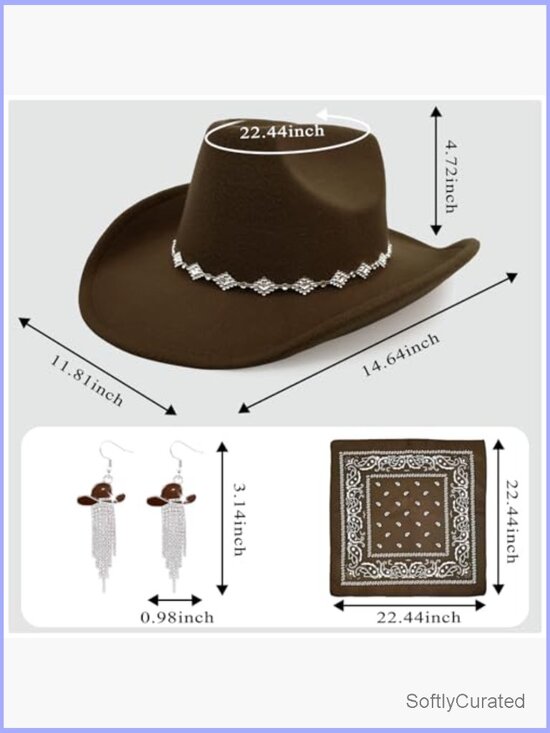 Felt Cowboy Hat with Rhinestones, Bandana & Tassel Earrings Set main image 4